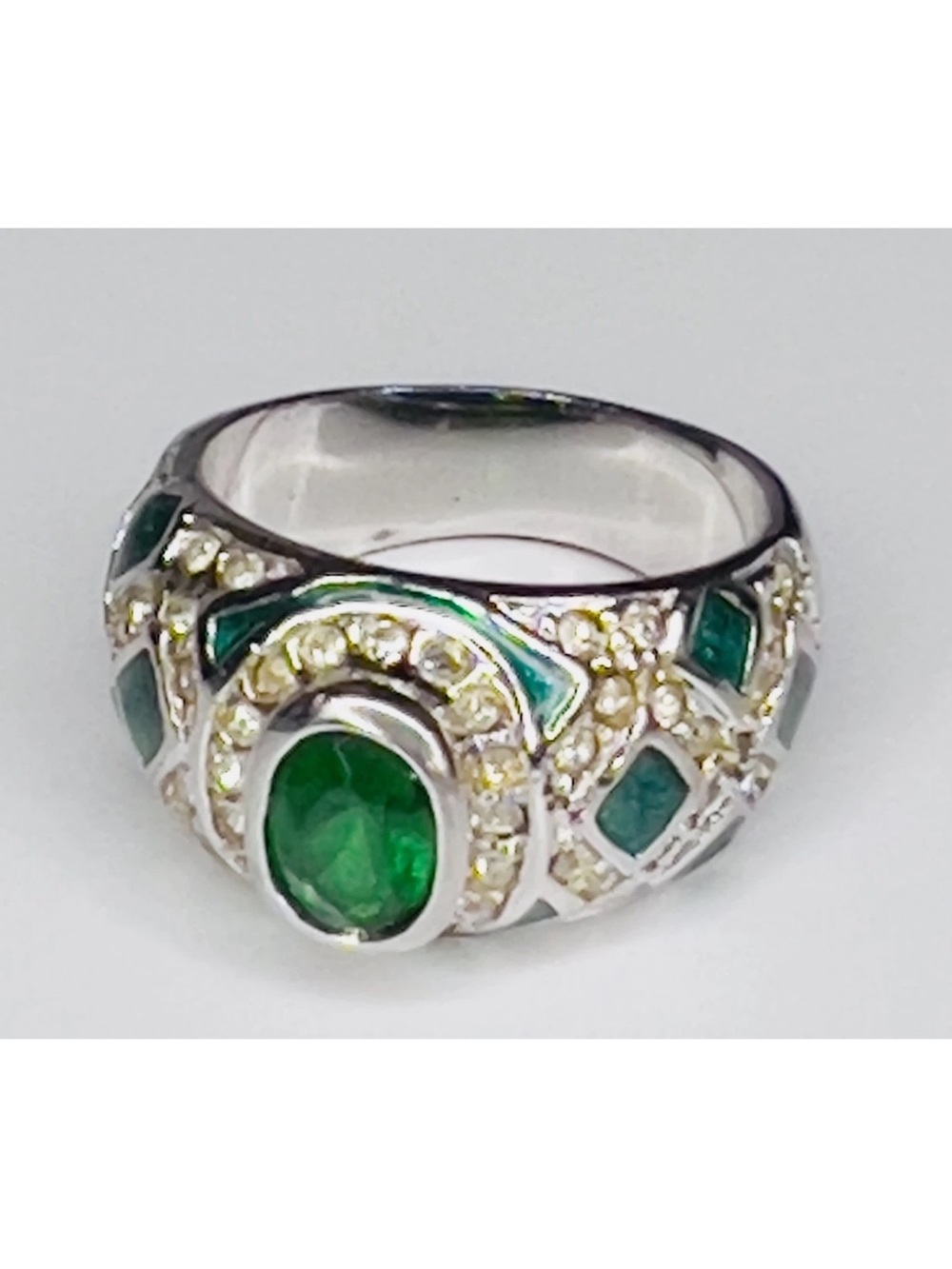 Vintage White Gold Plated Green Clear Aventurine Crystal Ring Sz 6.25